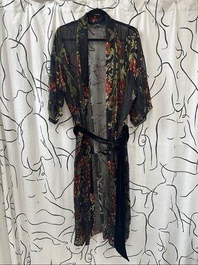 Zara Sheer Black Kimono Robe with Red Floral & Green Leaves